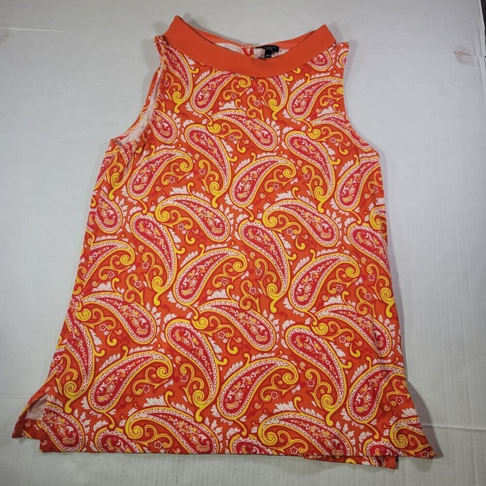 Talbots Women Red/Yellow Sleeveless Paisley Print Cotton Blend Collared Top Sz L